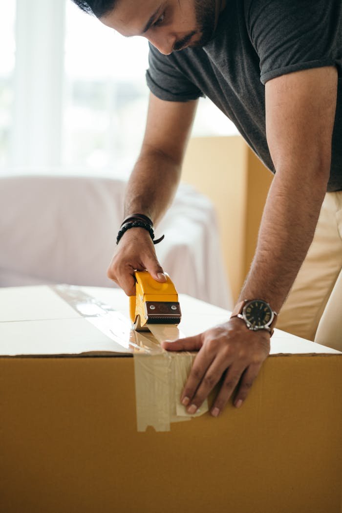 my-steps Side view of concentrated crop ethnic male sticking cardboard box with tape during preparing for moving in house at daytime